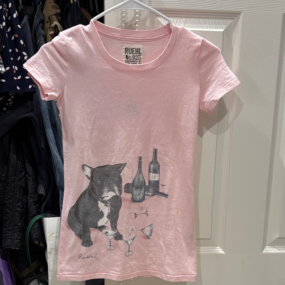 Ruehl No.925 Pink Short Sleeve Graphic Tee with Black French Bulldog Print